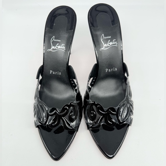 Christian Louboutin Black Patent Leather Petunia Apostropha cutout Mules 40.5 - Picture 4 of 10